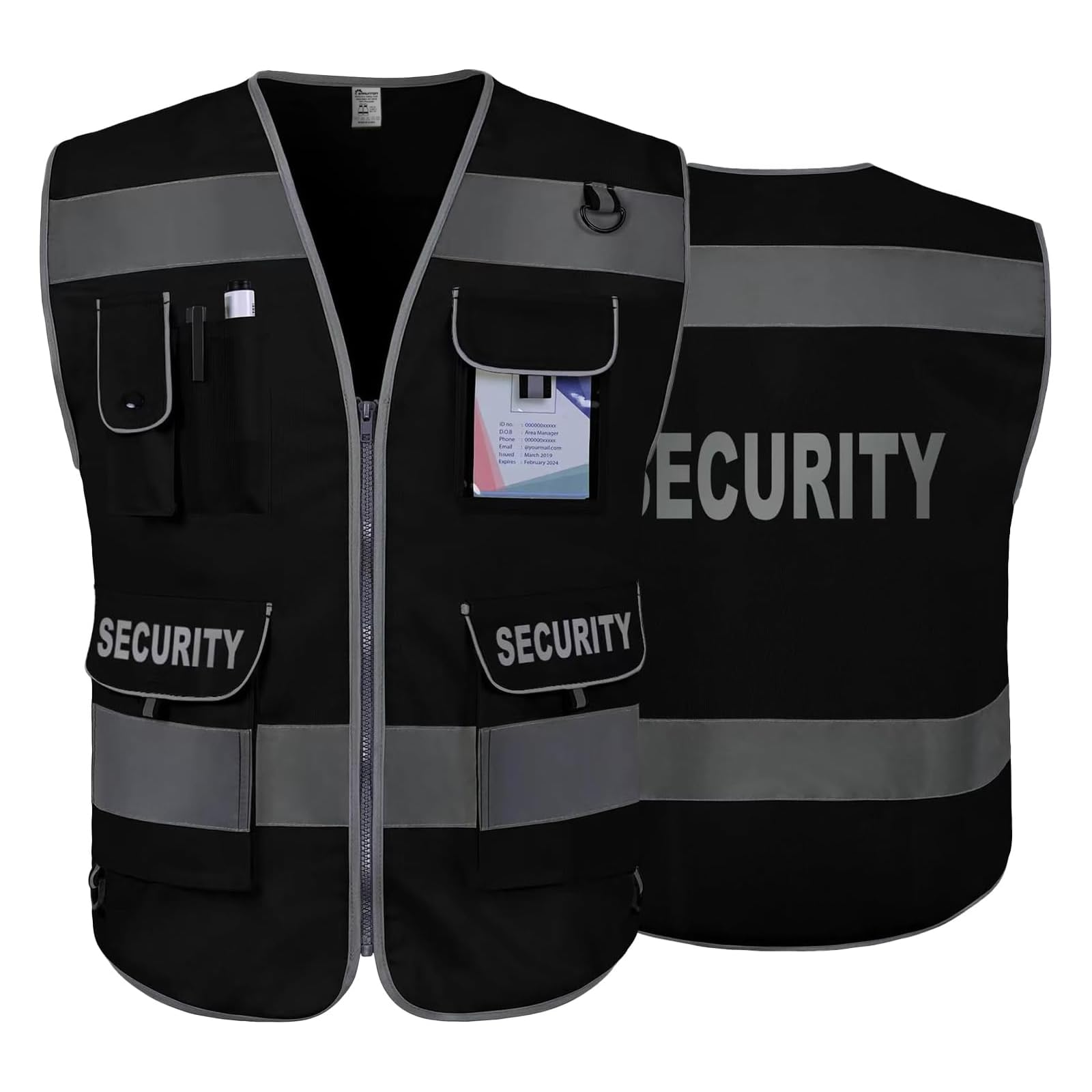 Graunton Security Vest for Security Guard 9 Pockets High Vis Vests for Men Women, Hi Vis Vest with Reflective Stripes, Durable & Breathable,(UK2-Black, 4X-Large).