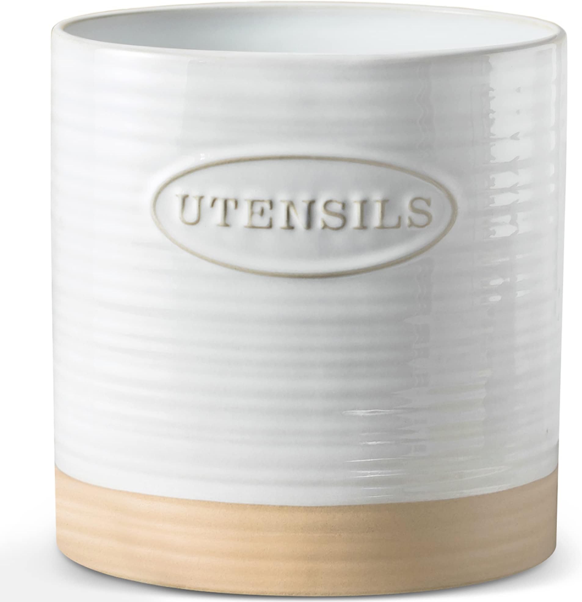 YHOSSEUN Porcelain Utensil Holder for Kitchen Countertop Large Oval Utensil Crock Two-tone Finish Rustic Utensil Vase