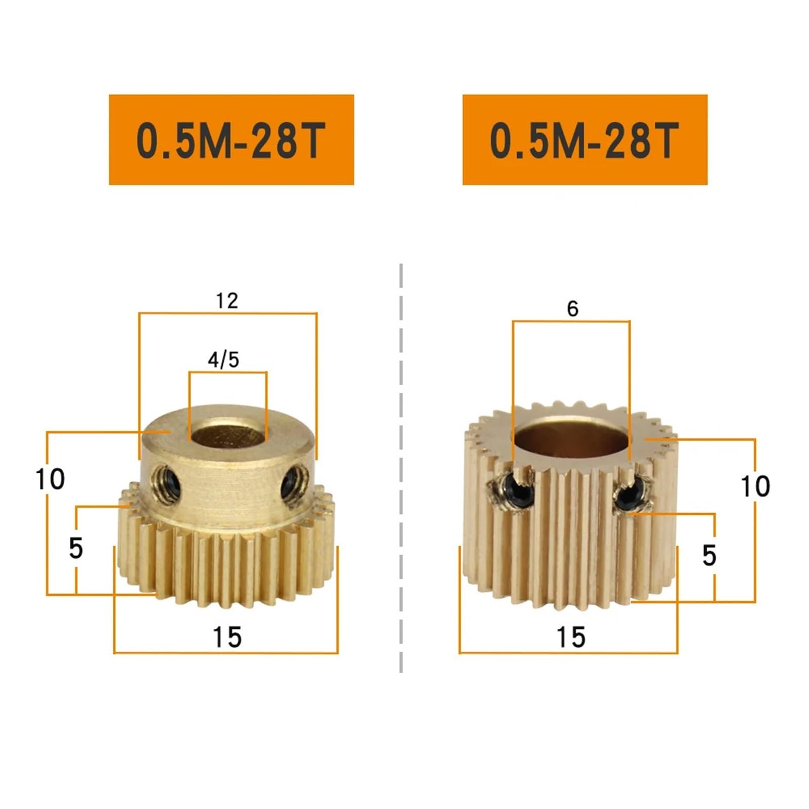 Bevel Gear Pinion Hardware Mechanical Spur Gear 0.5M-28T Bore Size 4/5/6mm Copper Brass Mini Worm Gear Teeth Height 5mm Total Height 10mm for Drive Gear Box Parts(6mm)