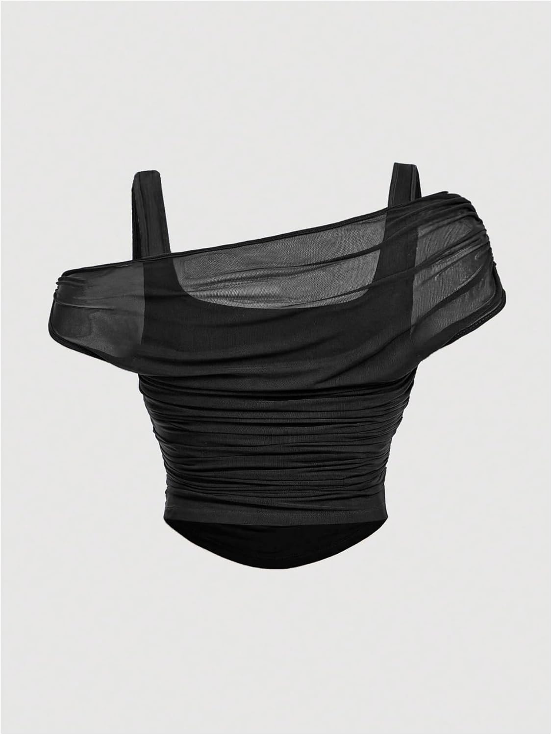 WDIRARA Women's Plus Size 2 in 1 Sheer Mesh Off Shoulder Tops Ruched Asymmetrical Short Sleeve Tee Shirt - Image 2