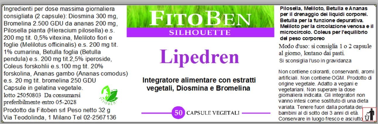 Fitoben | Lipedren Integratore Naturale per il Drenaggio dei Liquidi, il Microcircolo e l'Equilibrio del Peso Corporeo, 50 Capsule Vegetali