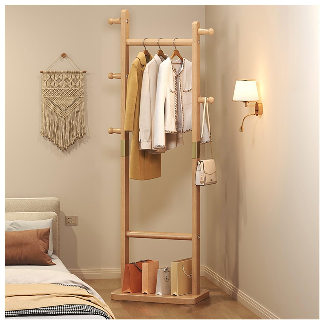 BEARQUN Retro Wooden Coat Rack, Industrial Coat Rack with Hooks and Shoe Storage, for Clothes/Bags/Hats: 40/48/60/70CM, Sturdy Freestanding Coat Rack : Walnut/Wood/White