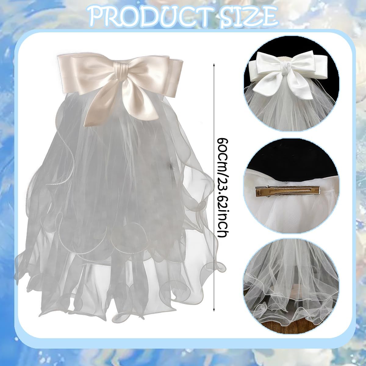 Bridal Veil White Wedding Veils Women's Short Satin bow Edge Tulle with Hair Clips for Brides Shower Bachelorette Party Engagement Wedding Bridesmaid Favors