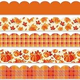 Whaline 69Ft Fall Bulletin Board Borders Watercolor Pumpkin Maple Leaf Decoration Borders Orange Plaid Trim Border Bulletin Board Stickers for Autumn Harvest Thanksgiving Classroom Office Decor