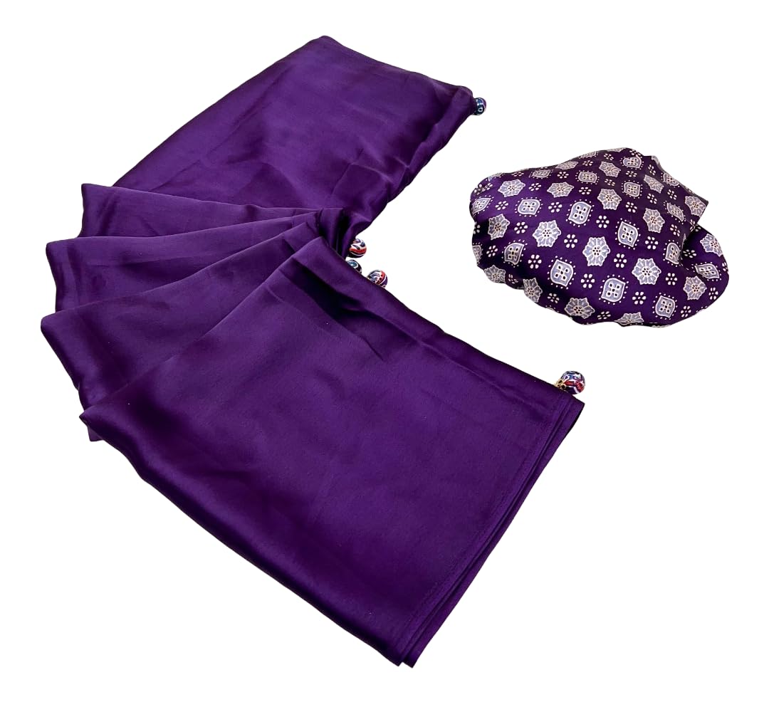 DC ELEMENTS Ajrakh Print Semi Modal Saree for Women Printed Traditional Ethnic Sari with Unstitched Blouse Piece (Purple)