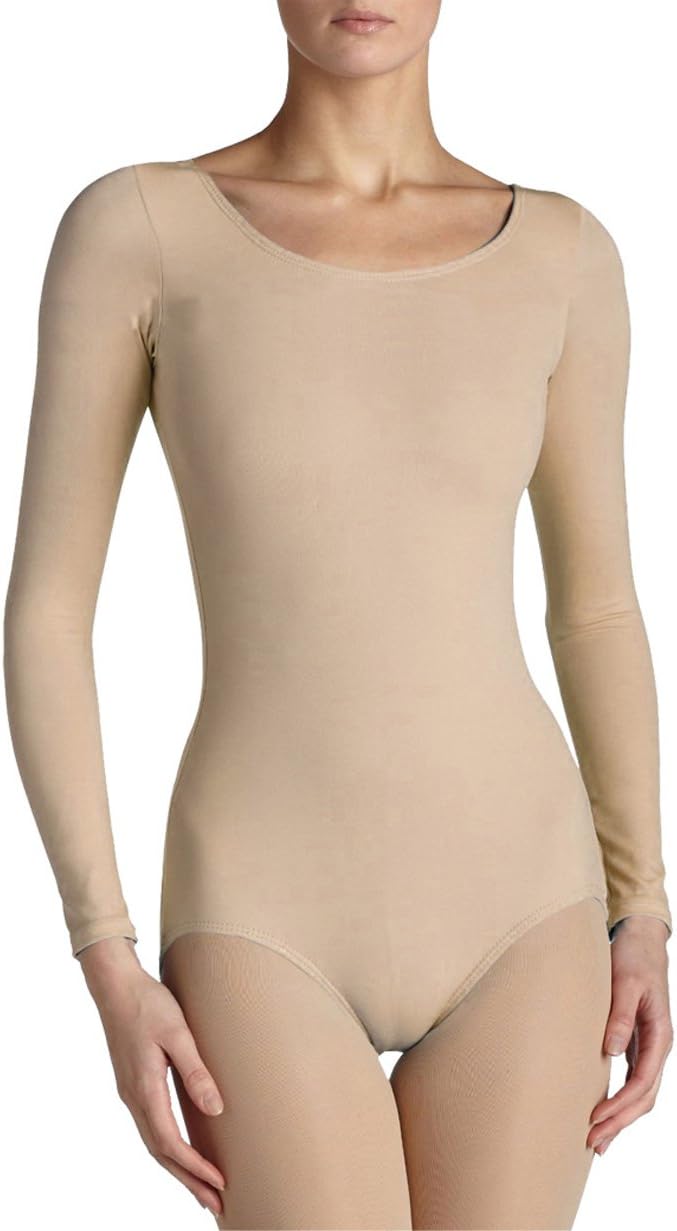 ZEE FASHIONelegance1234 LADIES ROUNDNECK LONG-SLEEVE STRETCH QUALITY LEOTARD/BODYSUITS (Small UK-8/10, Tan)