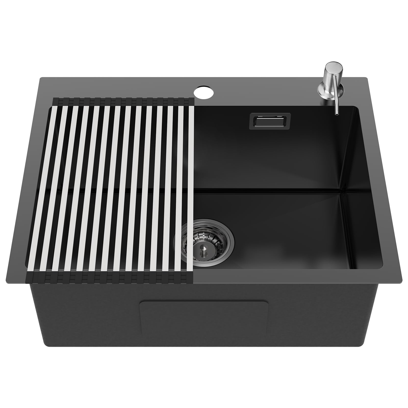 Lonheo Fregadero Cocina Negro 58 x 45 cm, Fregadero Cocina 1 seno con Escurreplatos y Dispensador de jabón, Fregadero sobre encimera, incluyendo sifón, rebosadero y desagüe, Acero Inoxidable