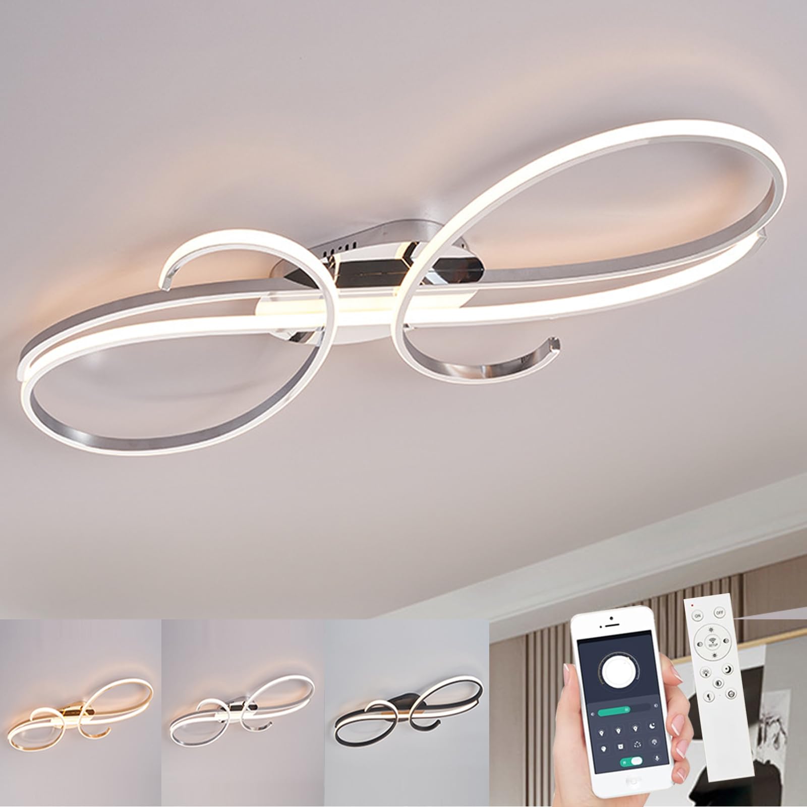 WSXEDC Modern LED Ceiling Lights，Creative Dimmable Ceiling Lamp with Remote Control for Living Room Bedroom Dining Room Corridors Chrome 60cm