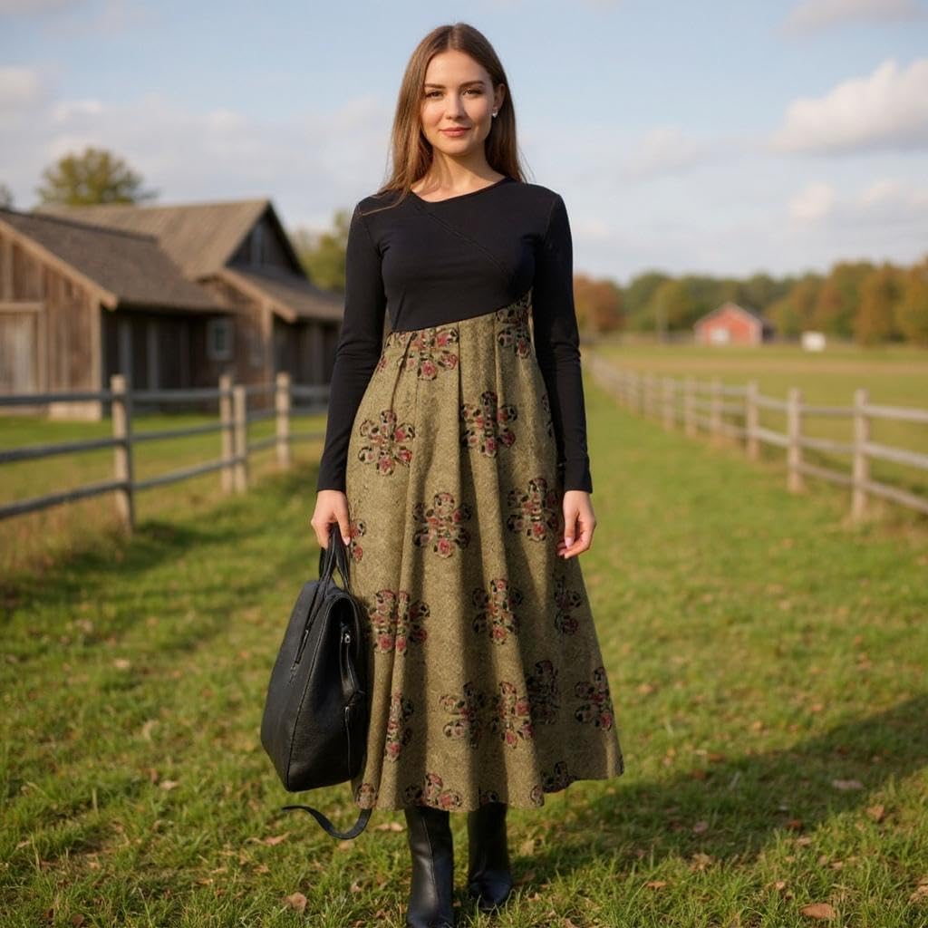 Womens Casual Boho Floral Long Sleeve Maxi Dress Fall Winter Spring Plaid A-line Swing Empire Waist Pleated Dresses for Women - Image 2