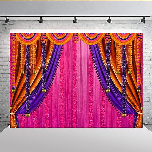 Image of Lofaris Purple India Pooja Photography Backdrop Puja Ganpati Pooja Traditional Mehndi Festival Background Decorations Wedding Party Marigold Garlands Banner Photo Props 7x5ft