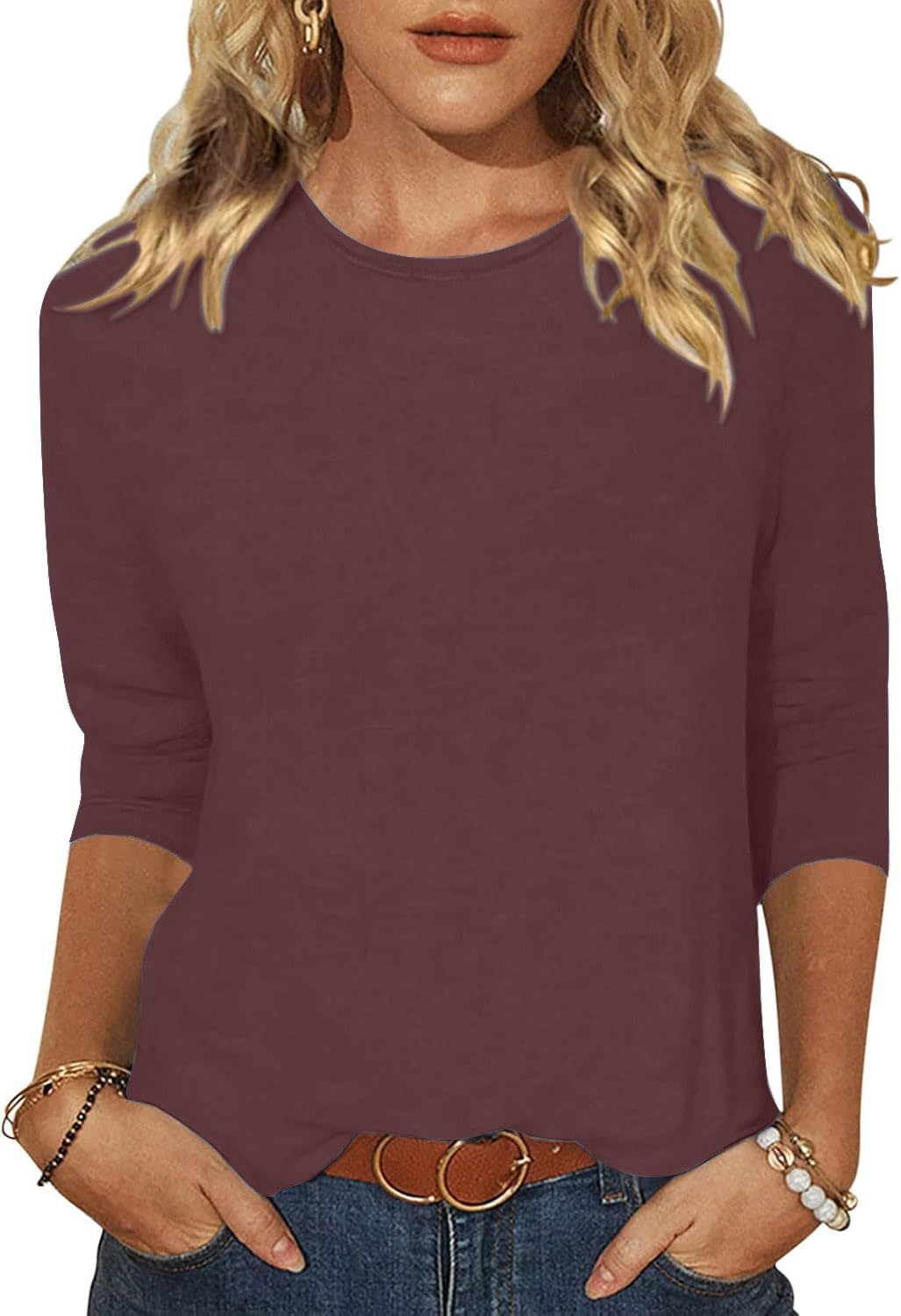 YUTILA Damen T-Shirt 3/4 Ärmel Rundhals Baumwolle Basic Casual Frühling Sommer Oberteile Einfarbig Leichte Weich Atmungsaktiv Bequem Shirt