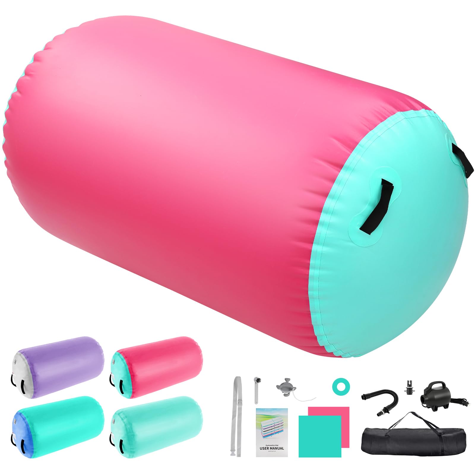 Aufblasbare Air Barrel Rolle mit 600W Elektro-Luftpumpe | Gymnastikmatte, Yoga Rolle, Tumbling Matten für Turnen, Fitness, Balance Training | Inkl. Tragetasche