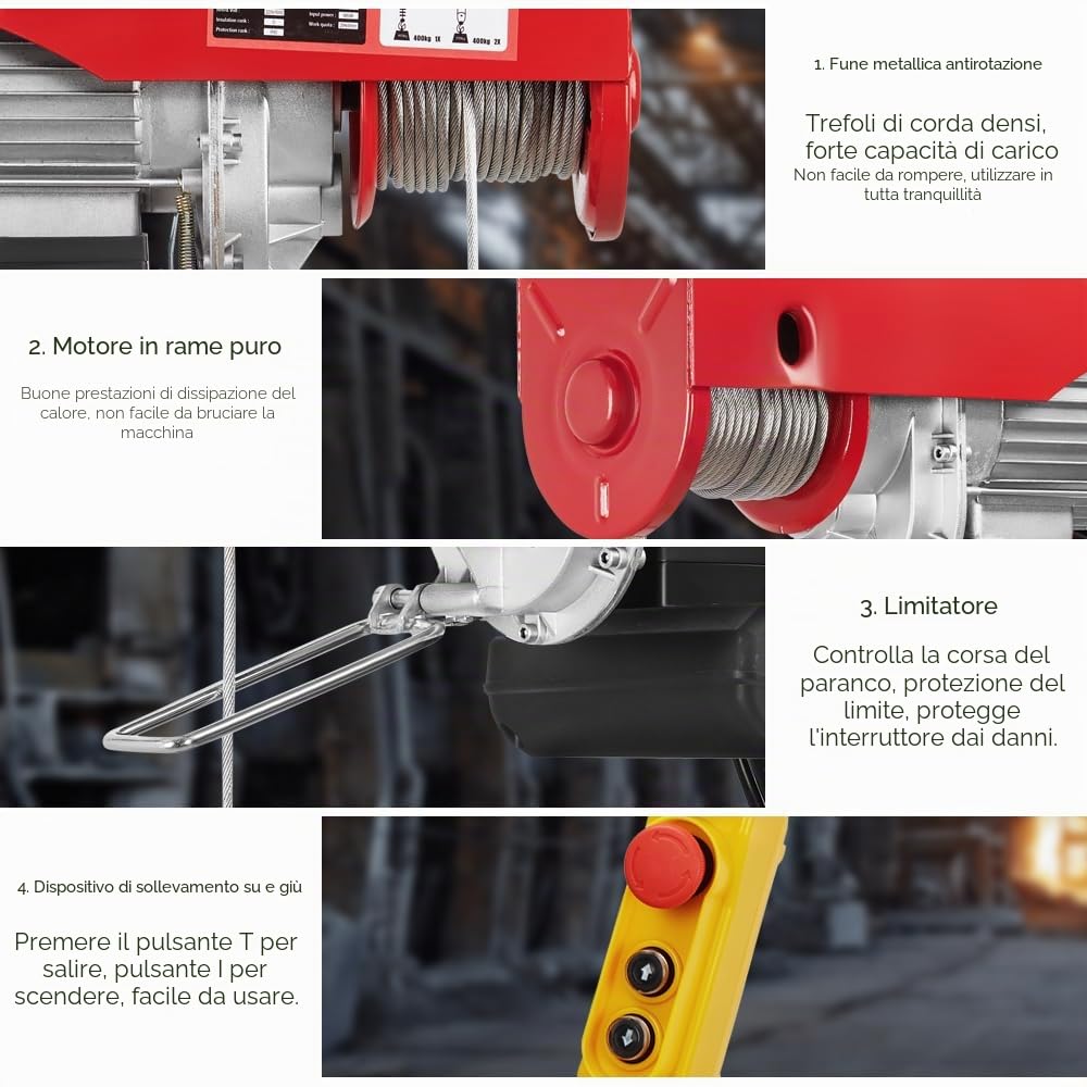 TEENO Paranco elettrico 1450 W, Sovraccarico Ascensore Verricello elettrico 220 V 20 M, sospensione singola e doppia, 400 KG/800 KG, 6 m/min |12 m/min Rosso (400 kg/800 kg)