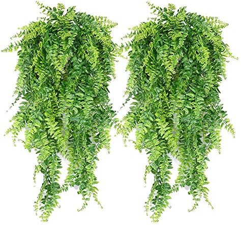 Artificial Plants Faux Hanging Plant Fake Boston Ferns Vines Plastic Artificial Hanging Plants for Homes Decoration (2 PCS)