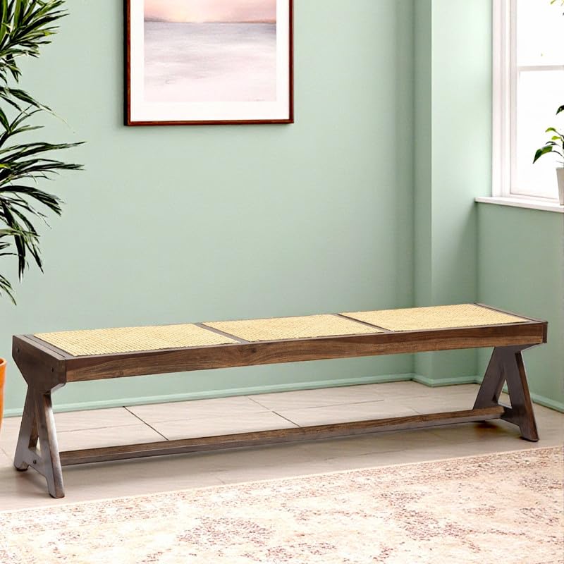 Ikiriya Stylish Rockport Sheesham Wood Mid-Century 4 Seater Bench, Natural Rattan Work (72x18x18 Inches, 1 Yr Warranty)-image-17
