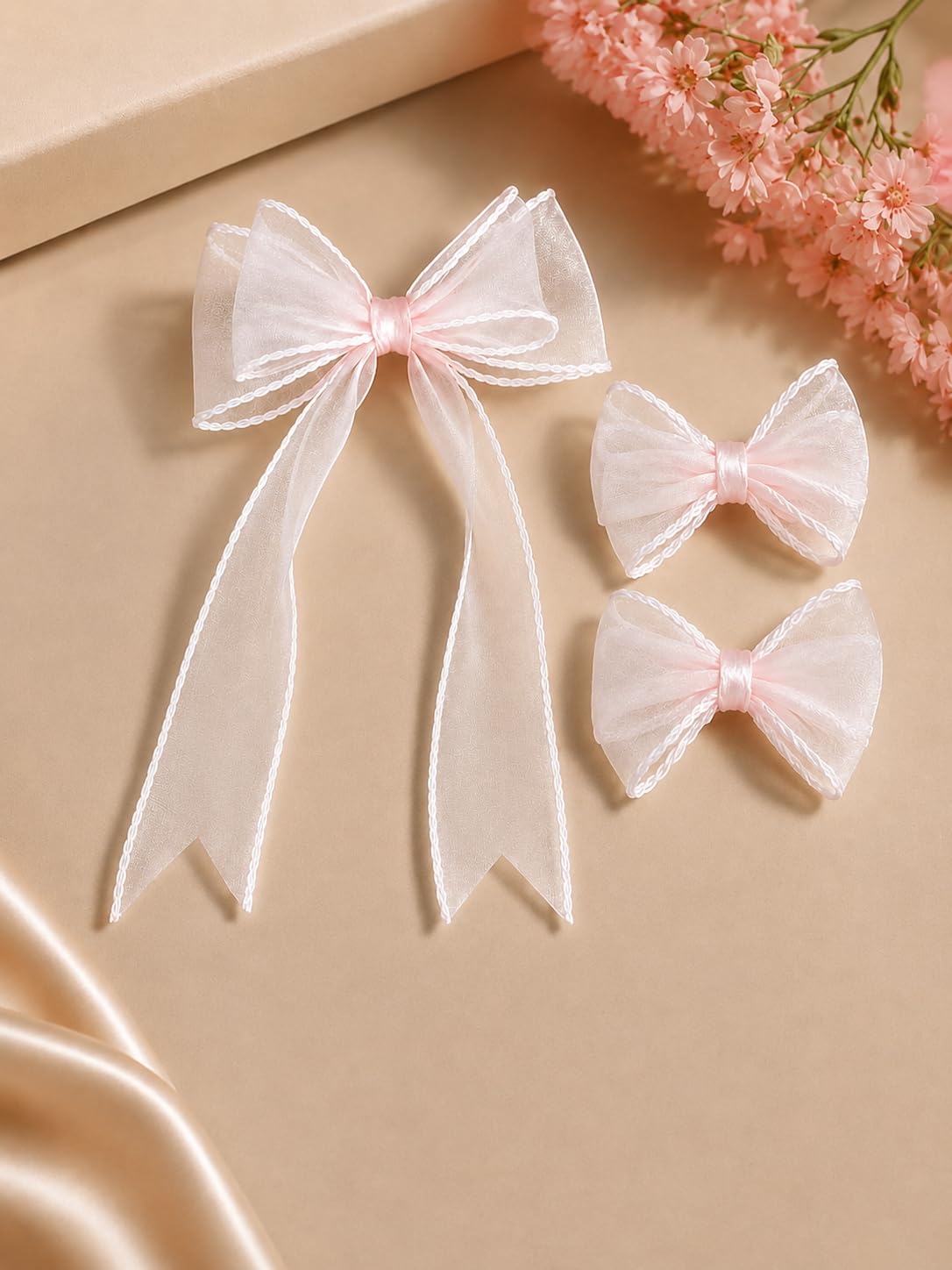 3-Piece Pink Organza Bow Hair Accessory Set – Long Tail Bow and Mini Bows for Girls, Cute Korean Style Ribbon Hair Clips-image-13