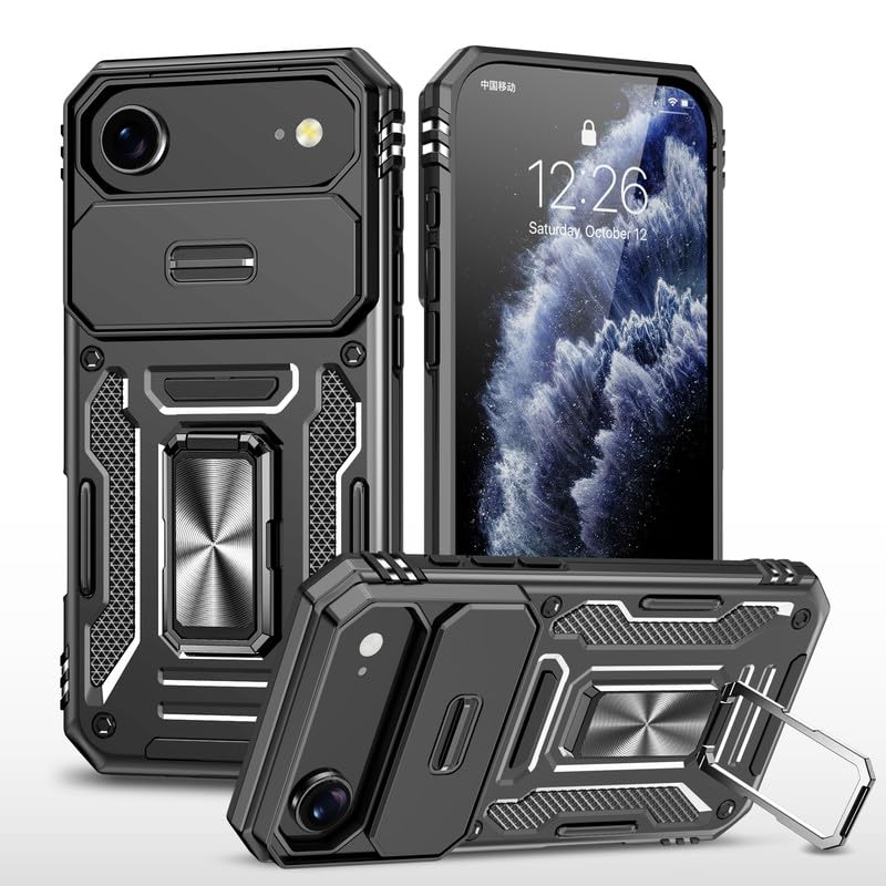 Image of Slide Camera Cover with Ring Holder Mobile Phone Back Cover for iPhone 17 Air - Black