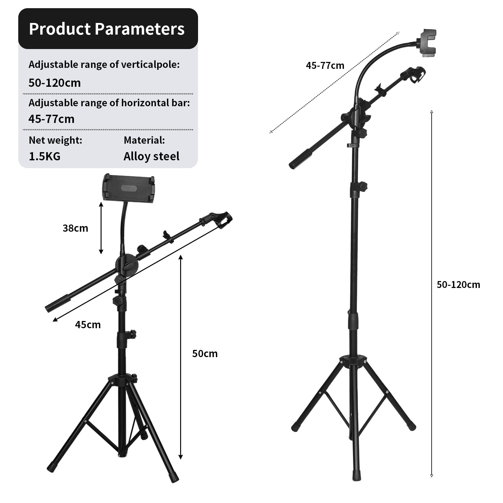 Mic Stand, 2 in 1 Microphone Stand Floor, 88 to 158cm Pad Microphone Dual-Use Mic Holder Hidden Line Design Boom Arm Dual-Use Mic Holder with Gooseneck Carrying Bag for Singing Stage Broadcast