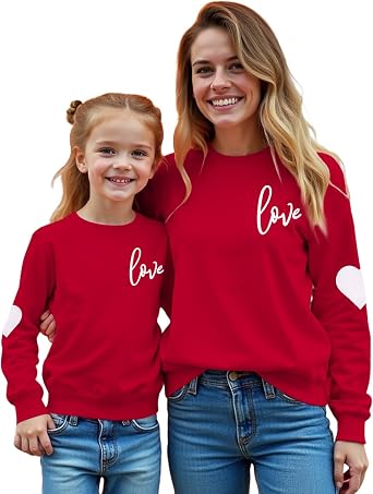 Ritatte Mommy and Me Valentine Outfits Love Heart Print Sweatshirt Valentines Day Casual Crewneck Long Sleeve Pullover Tops