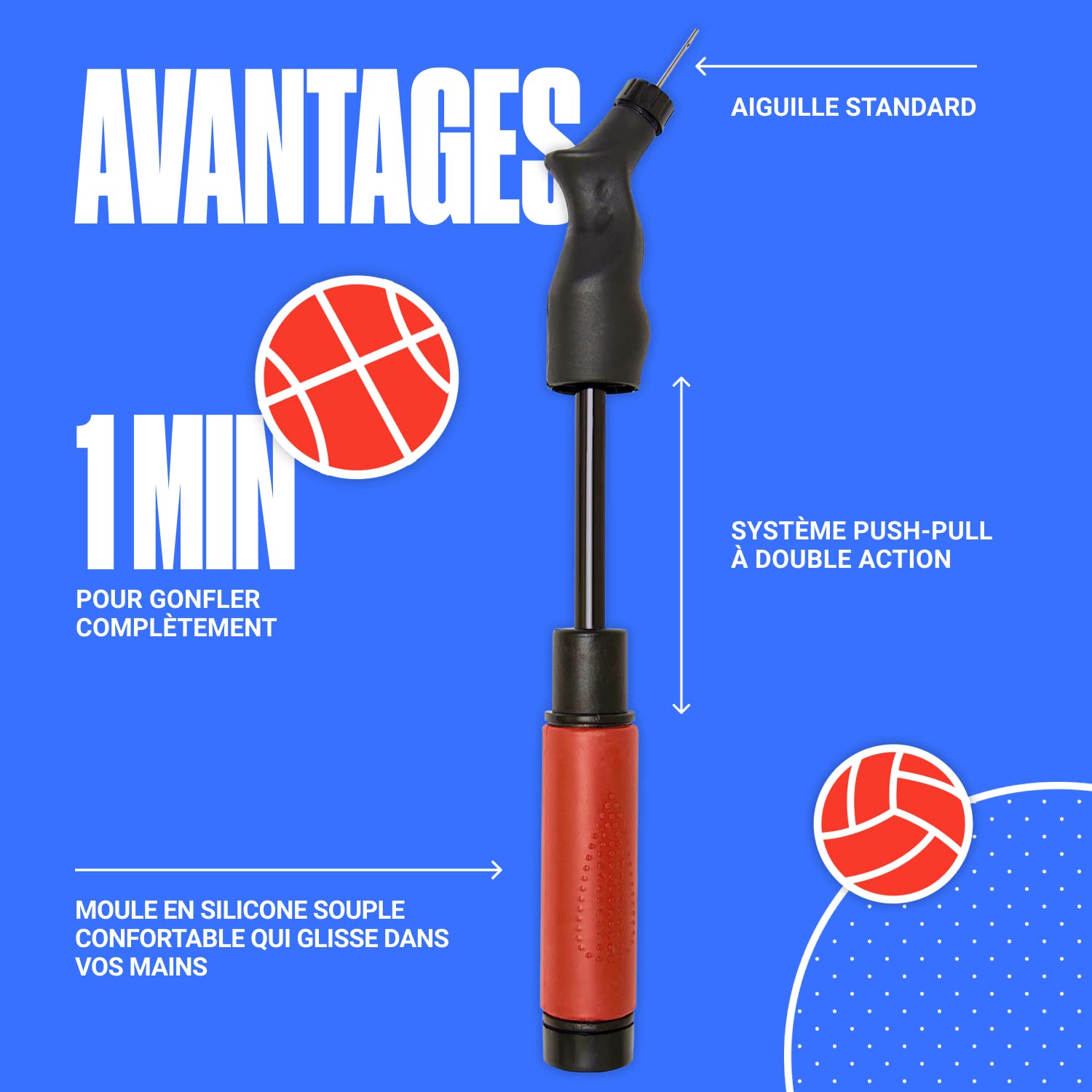 SPORTBIT Pompe à Ballon avec 5 Aiguilles – Système Push & Pull – Pompe à Air Portable pour Football, Basketball, Volleyball et Ballons de Sport