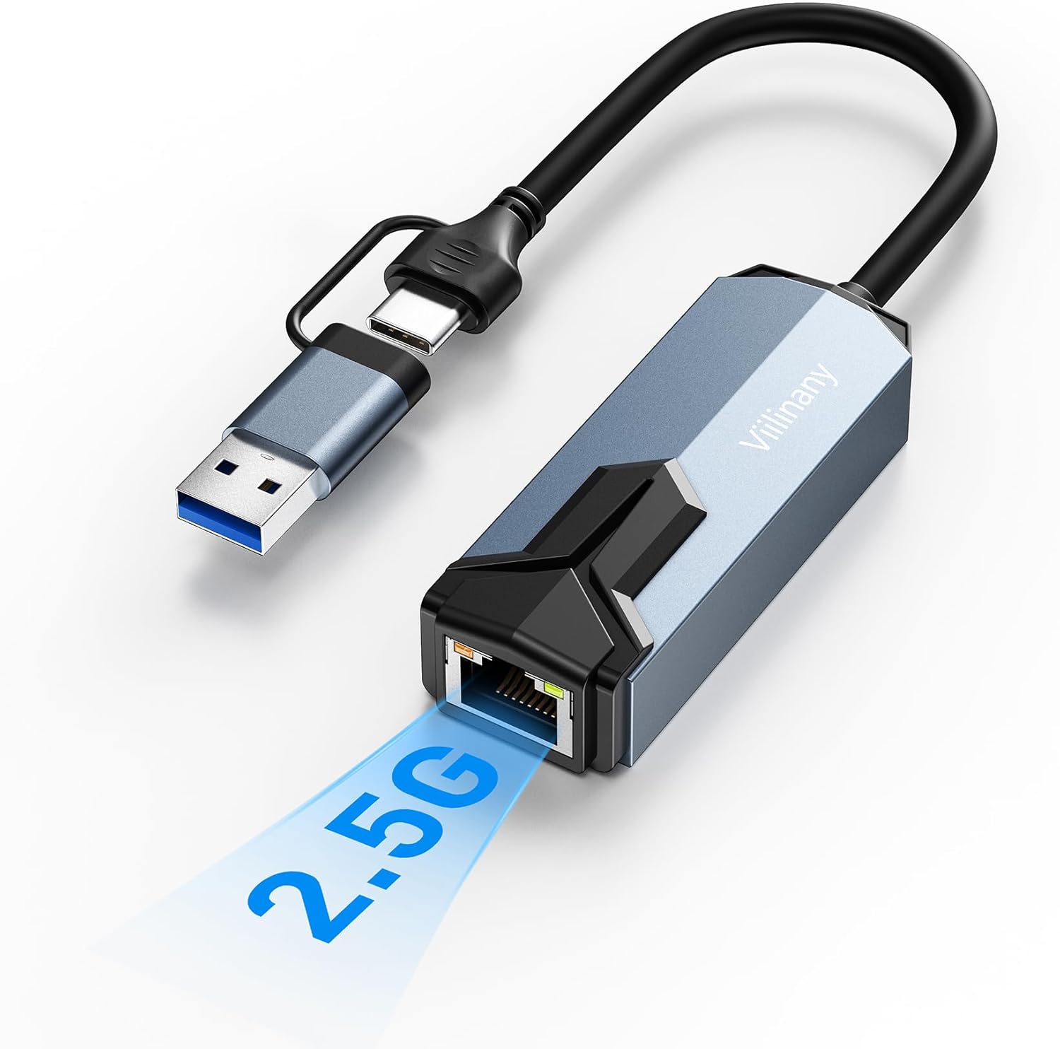 2.5G USB C to Ethernet Adapter, 2-in-1 Ethernet Adapter for Laptop, 2.5G/1G/100Mbps RJ45 LAN Converter for Windows MacOS Linux and More, Driver-Free Setup with Wake-on-LAN Support