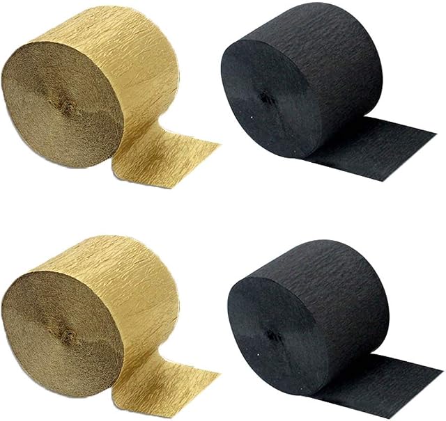 ZYOOO Black and Gold Crepe Paper Streamers-12 Rolls (25m/82ft Per Roll)