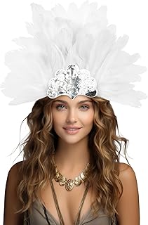 JPXH 羽根ヘッドドレス クラウン、プルーム付き、シルバースパンコールティアラデザイン、ショーガールカーニバルコスチュームヘッドピース