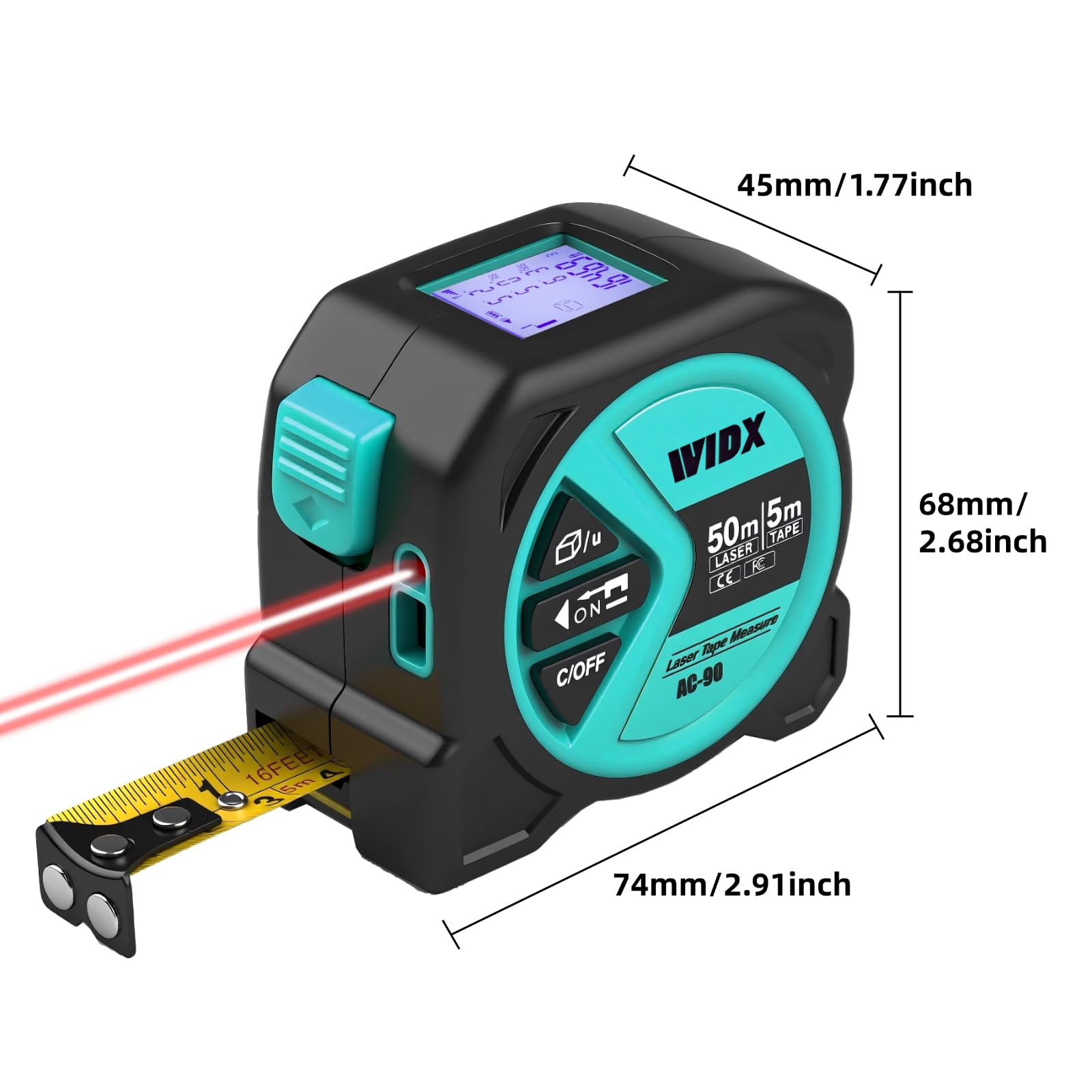 Cinta métrica láser 2 en 1, medición de distancia láser de 164 pies y cinta métrica de bloqueo automático de 16 pies con gancho magnético, pantalla LCD, unidad de pulgadas/pies/m, lineal/área/volumen