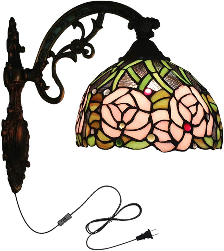 ANYE Tiffany Wall Sconces with UL Plug-in Button Black Cord Mediterranean Style Glass Tulip Shade Decor Elegant Lights Fixtures for Cabinet Kitchen Restaurant Bulb Sold Separately