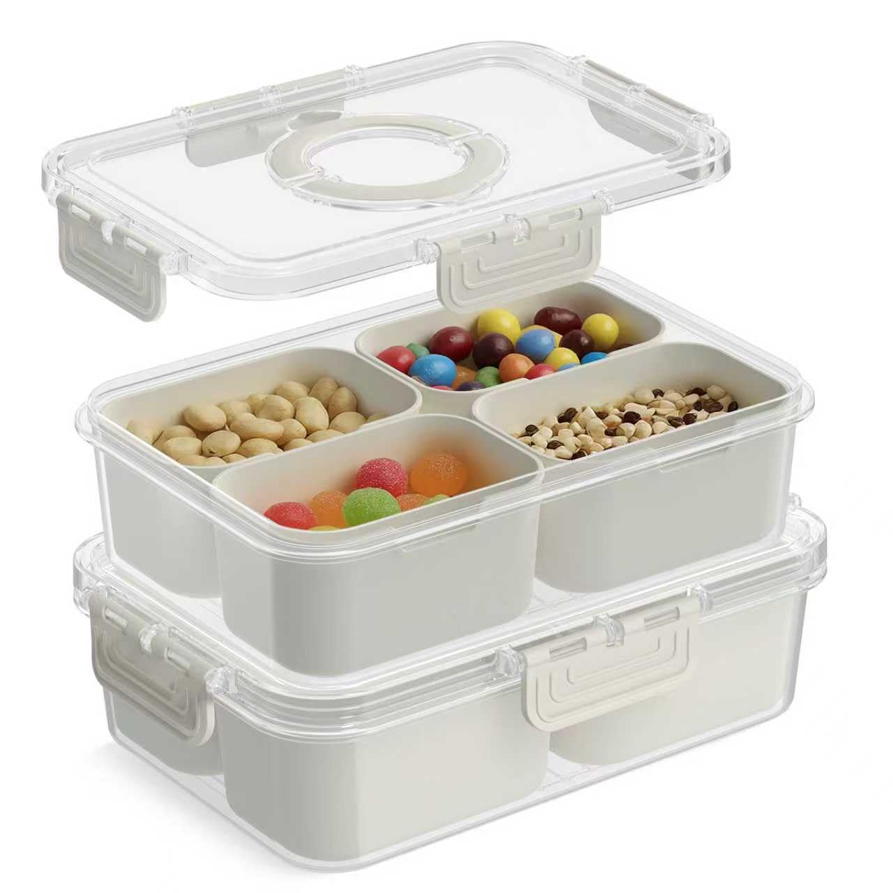 CODIEKEY Snackle Box Container, Upgrade Dishwasher,Safe Snack Box for Adult Kids, 4 compartments Plastic Divided Serving Tray with Lid and Handle for