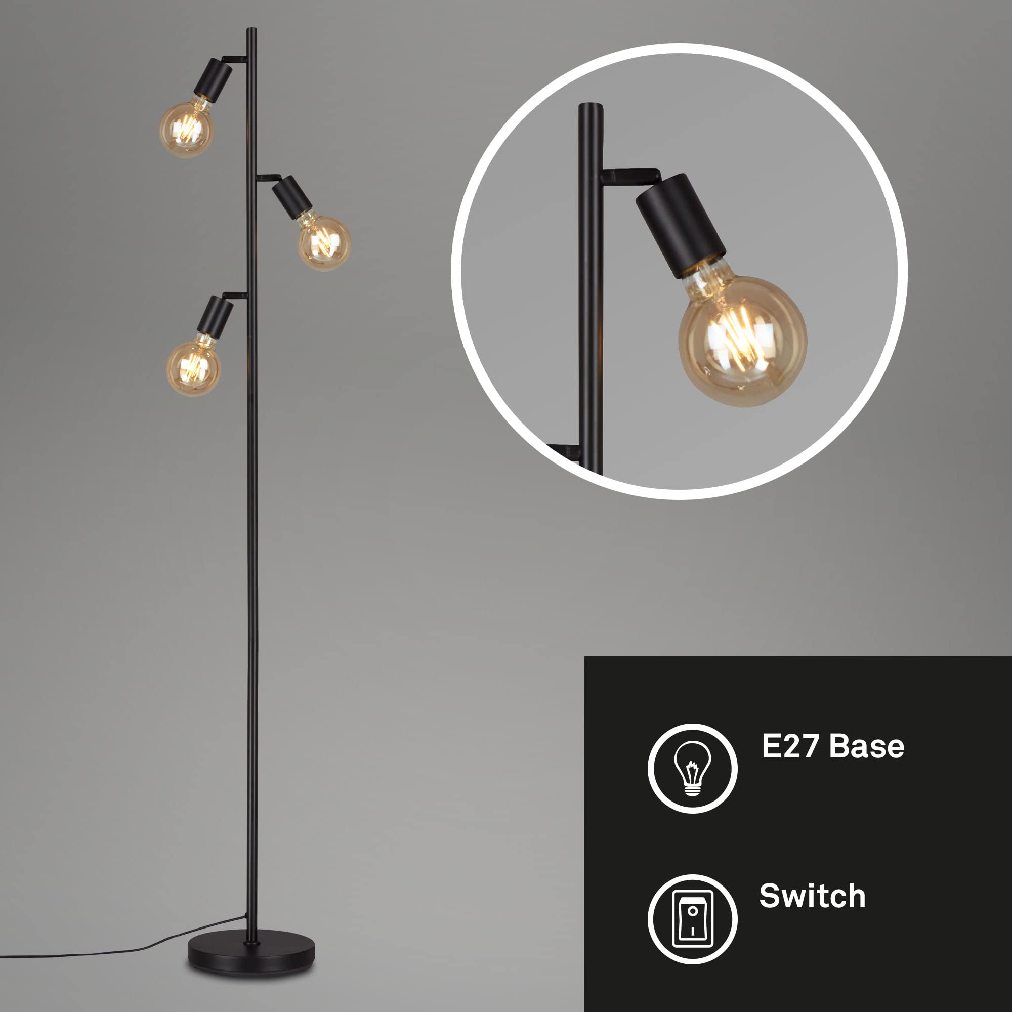 BRILONER - Lampada a stelo orientabile, piantana, lampada da terra, 3 x E27, con interruttore sul cavo, stile retrò, vintage, nero, 10W, 220 x 1600 mm (DxA)