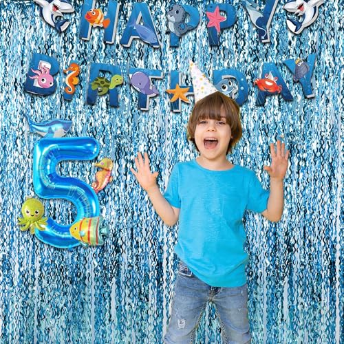 Image of Wavy Blue Streamers Party Backdrop - GREATRIL Fringe Curtain for Pool Party /Birthdays /VBS /Beach /Under Sea - 3.2ft X 6.5ft - 2 Packs