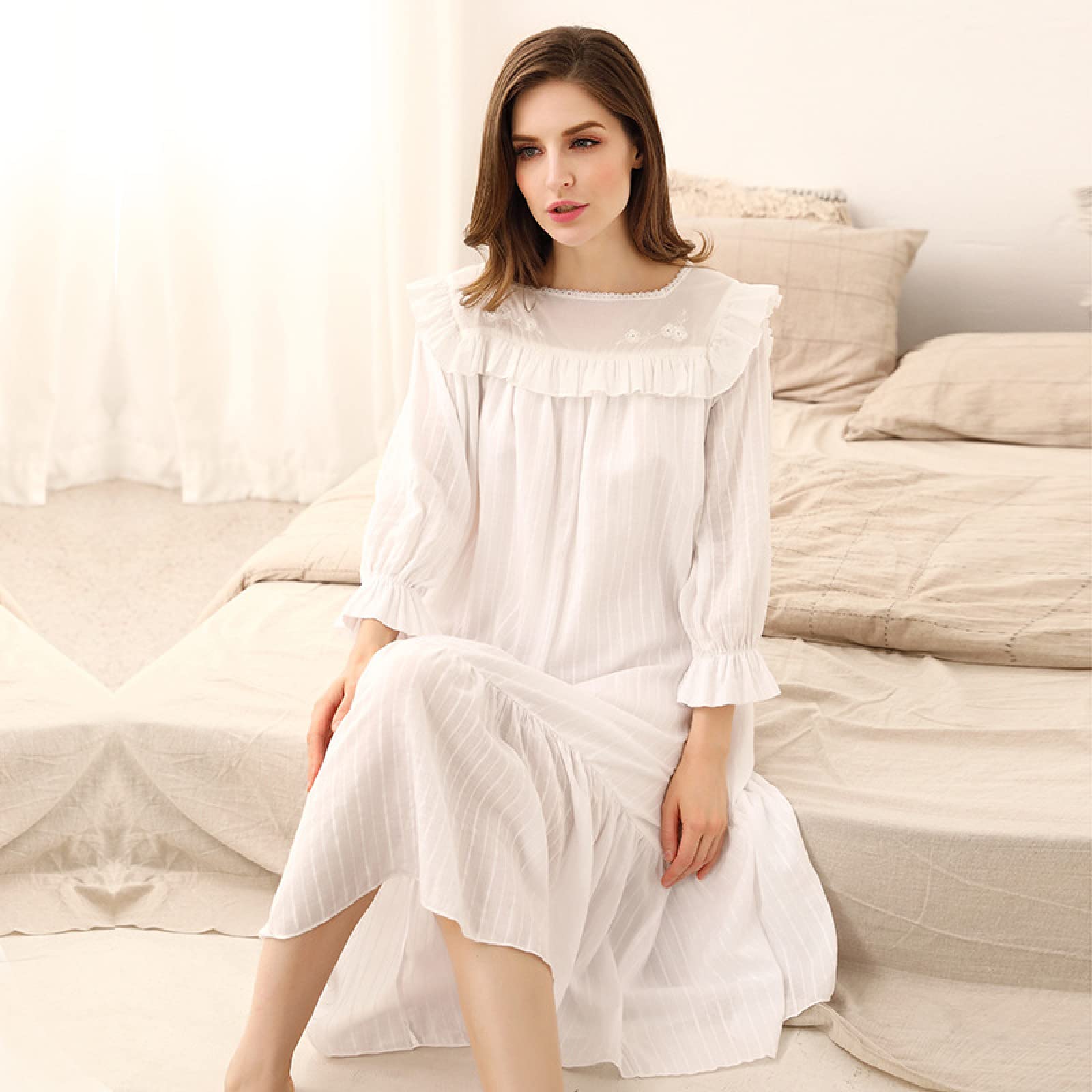 OFFSUM Camisón De Pijama De Mujer - Vestido De Algodón con Cuello Cuadrado para Primavera Y Verano Bata De Encaje Bordado Elegante Camisón Vintage Ropa De Dormir De Princesa Lencería