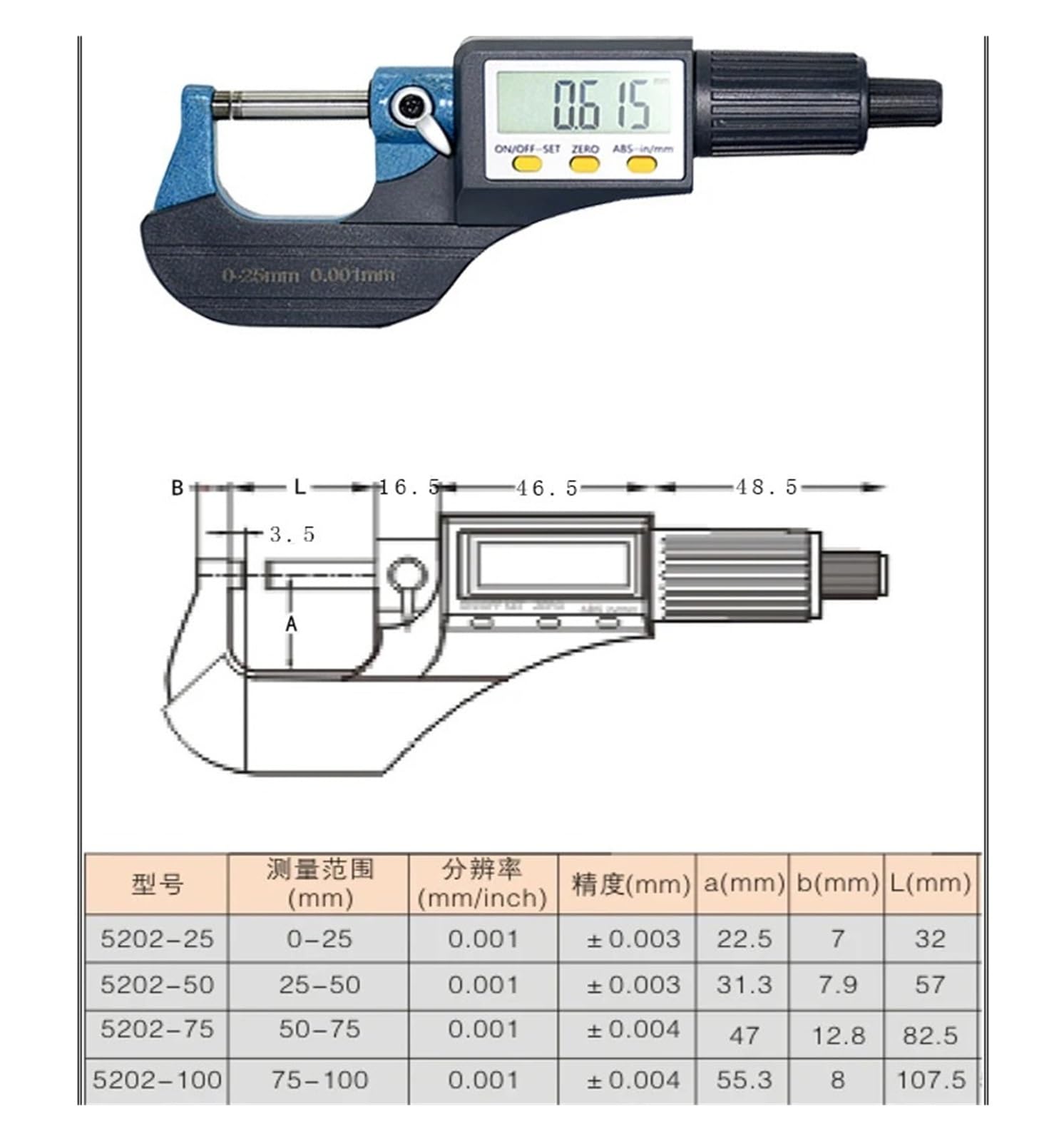 Mikrometr zewnętrzny cyfrowy 0-25/25-50/50-75/100 mm Elektroniczny mikrometr suwmiarka 0,001 mm Narzędzia Zmierz wszystko(Digital 25-50MM)