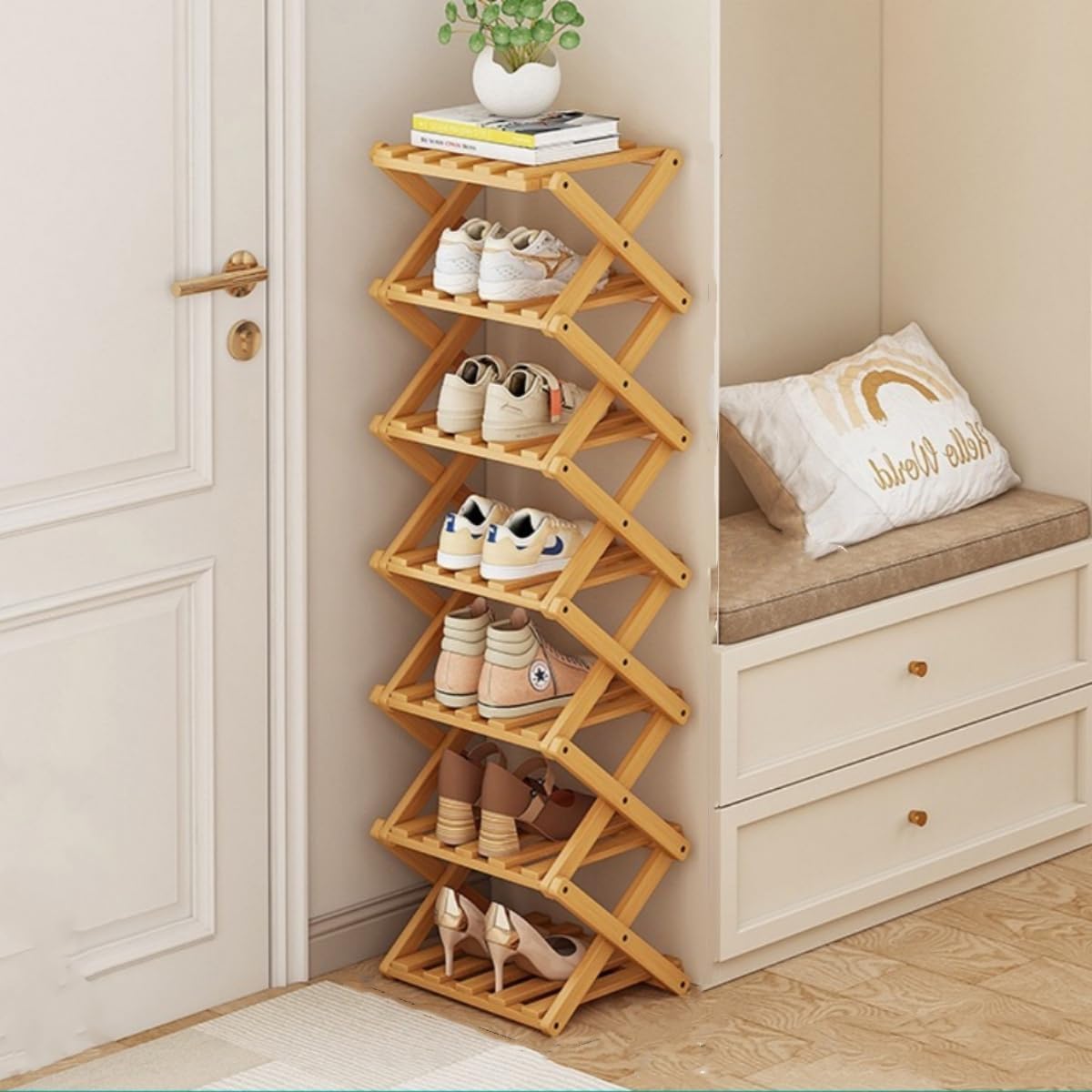 Foldable Shoe Rack, Bamboo Vertical Shoe Organizer Tall for Small Spaces. Multifunctional Narrow Shoe-Shelf for Entryway, Closet, Corner, Bedroom, Hallway Wood Color 7 Layers