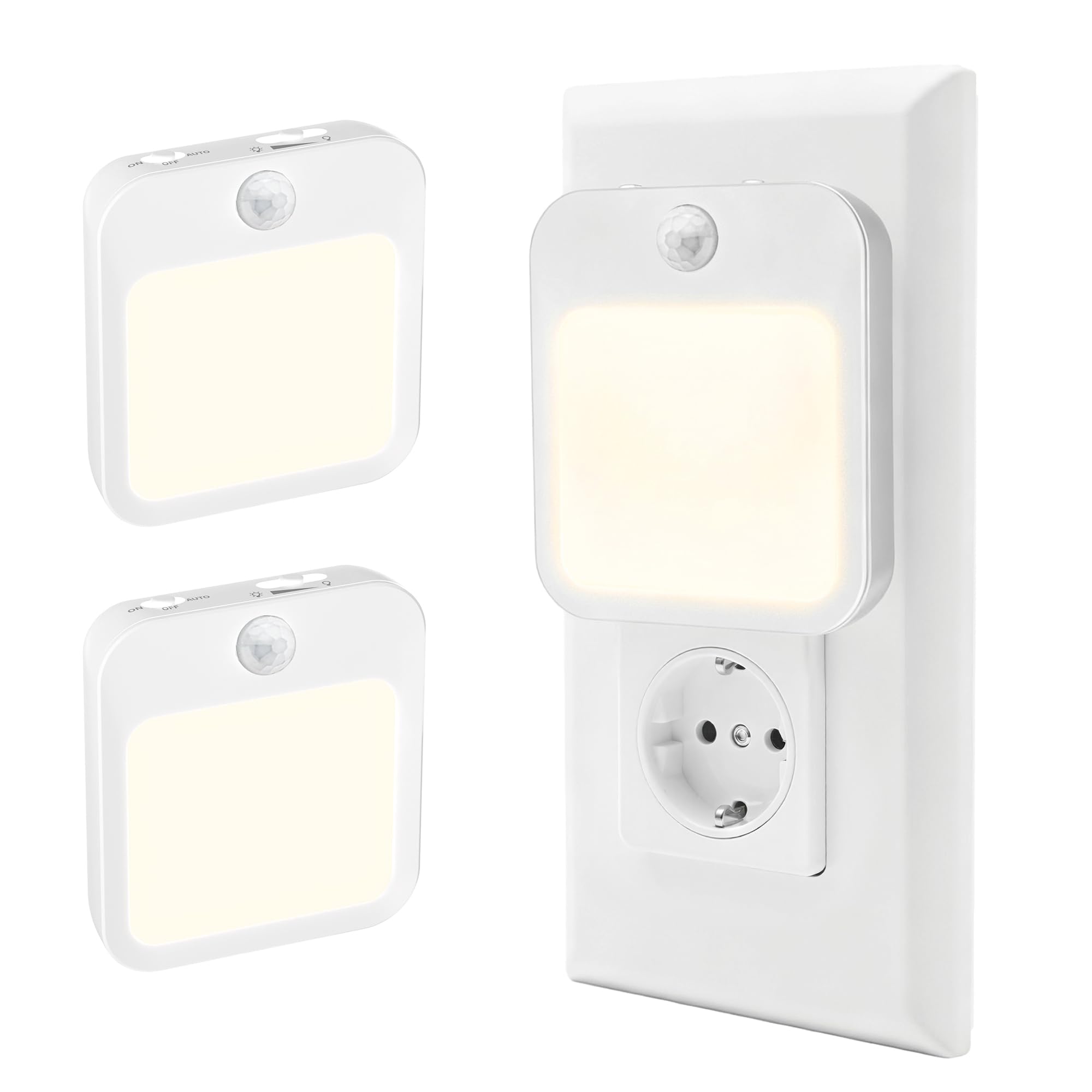 Nachtlicht Steckdosen mit Bewegungsmelder,Dämmerungs‑bis‑Morgengrauen‑Sensor,warmes Lichtdesign mit stufenlos dimmbarer LED,NO/OFF/AUTO‑Modi,Nachtlicht für Kinder,Flure,Treppen,Schlafzimmer,2 Stück