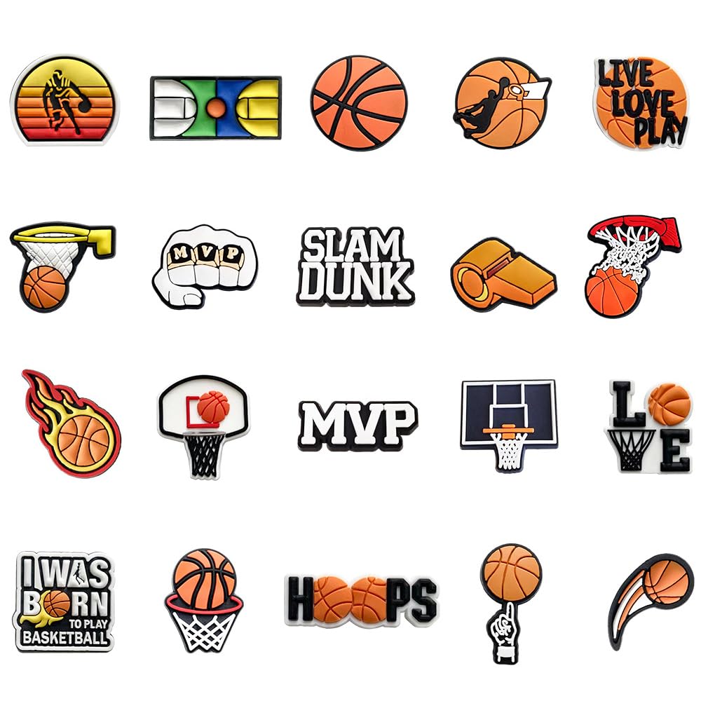 Hilikol 20 Pcs Basketball Shoe Charms Sports Shoes Charms for Adults Kawaii Cartoon Basketball Cute Accessories Pins Shoe Decoration