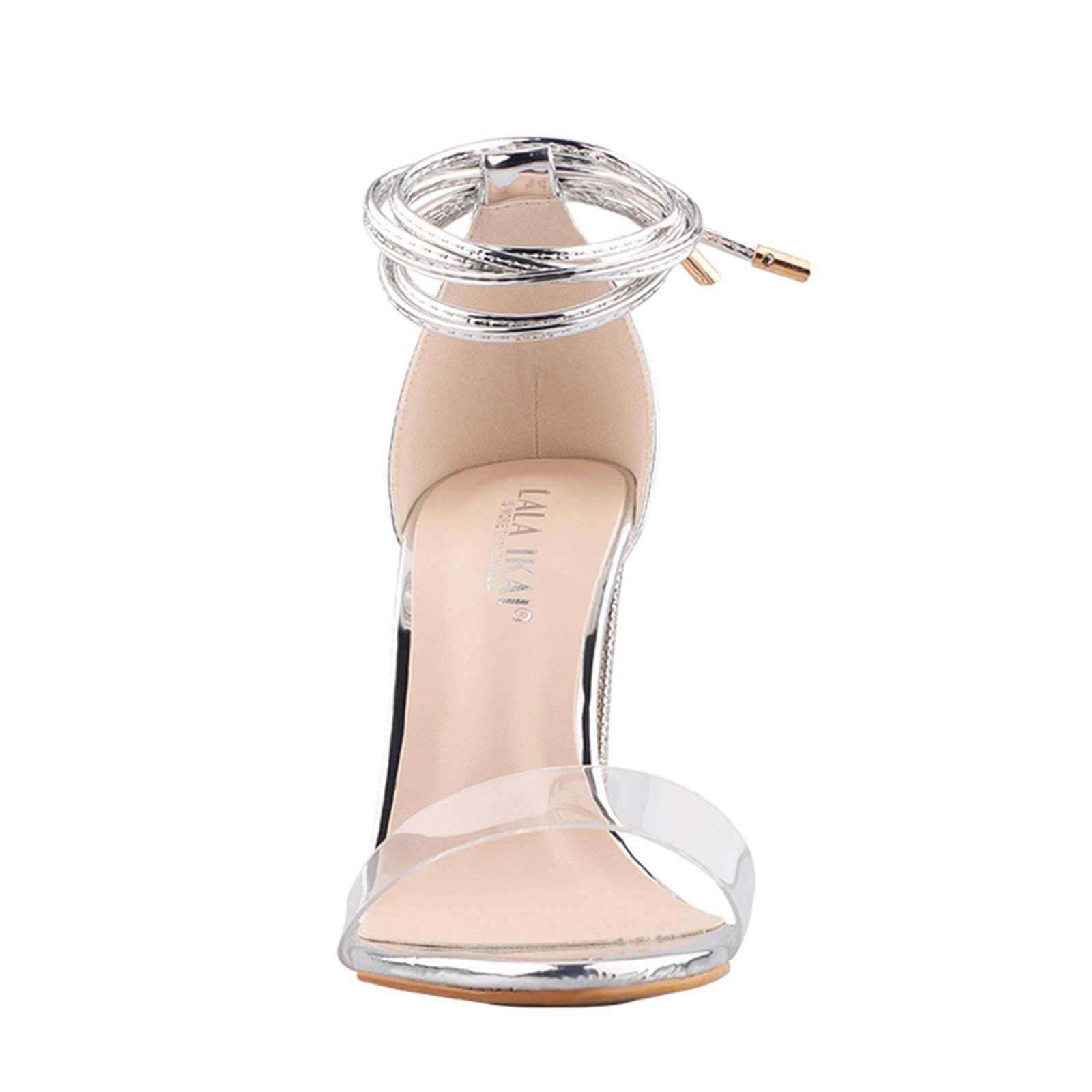 Women's Silver High Heels Sandals with Rhinestone Ankle Strappy Clear Chunky Heels Dress Party Pumps Shoes