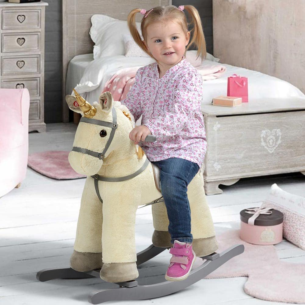 BAKAJI Unicorno a Dondolo Giocattolo per Bambini con Suoni Realistici, Cavallo Cavalcabile con Struttura in Legno e Tessuto, Gioco Prima Infanzia, Idea Regalo, Dimensione 74 x 30 x 64 cm