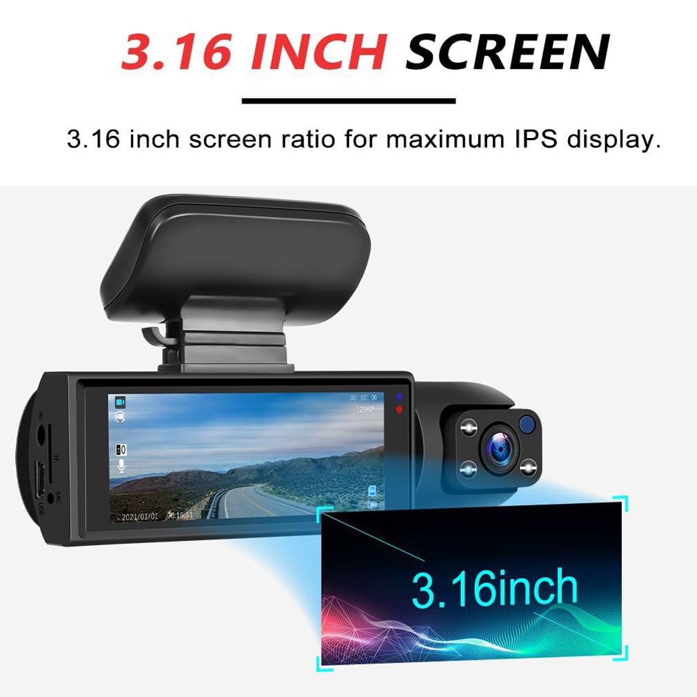XRC TECH Caméra embarquée double objectif HD 1080p pour voiture, enregistrement avant et intérieur en même temps, vision nocturne IR avec écran IPS de 8 cm