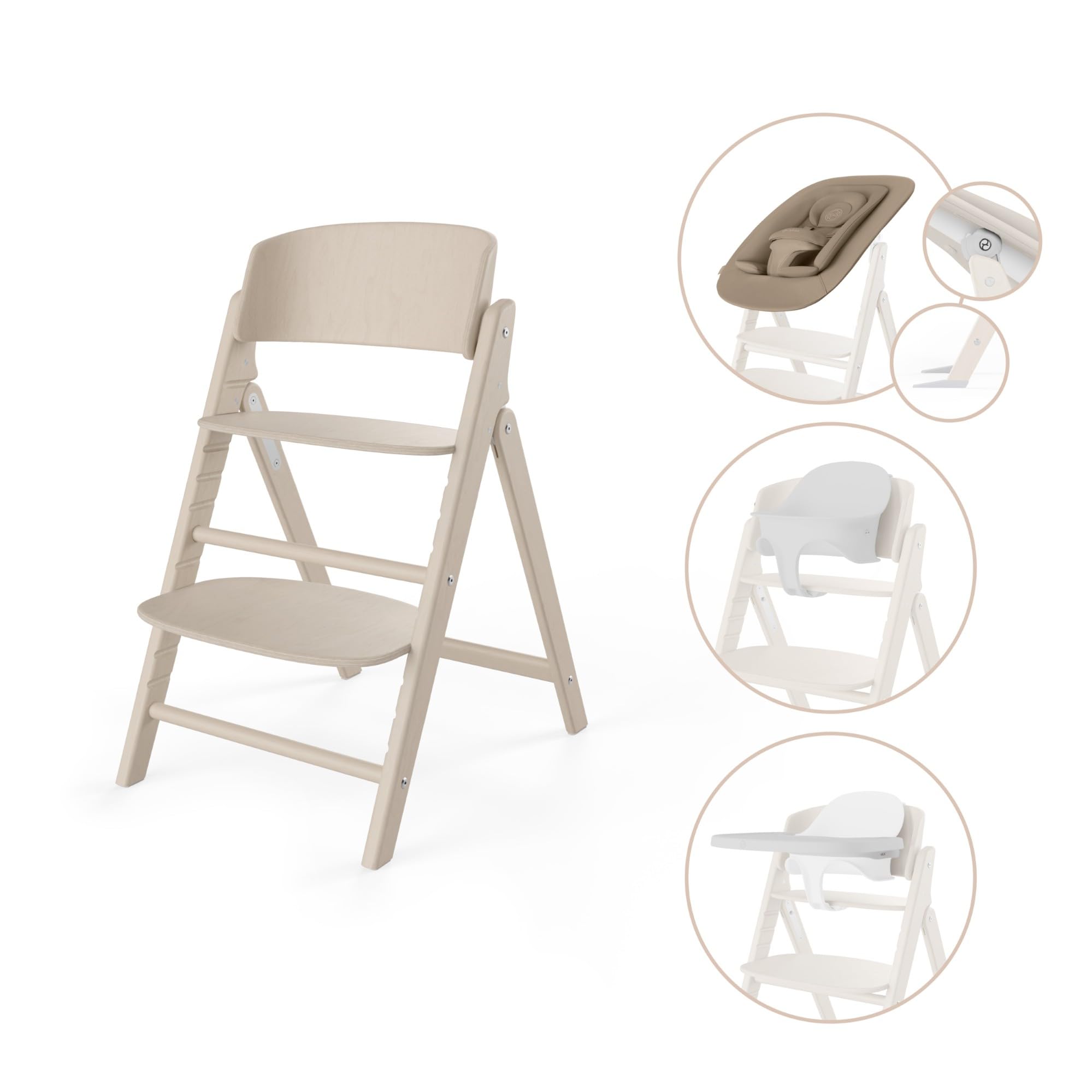 CYBEX Gold Trona 4 en 1 CLICK & FOLD, desde el nacimiento hasta los 99 años, incluye hamaca Gold Bouncer Nest, kit para bebés y bandeja, madera de haya/algodón/plástico, Light Natural