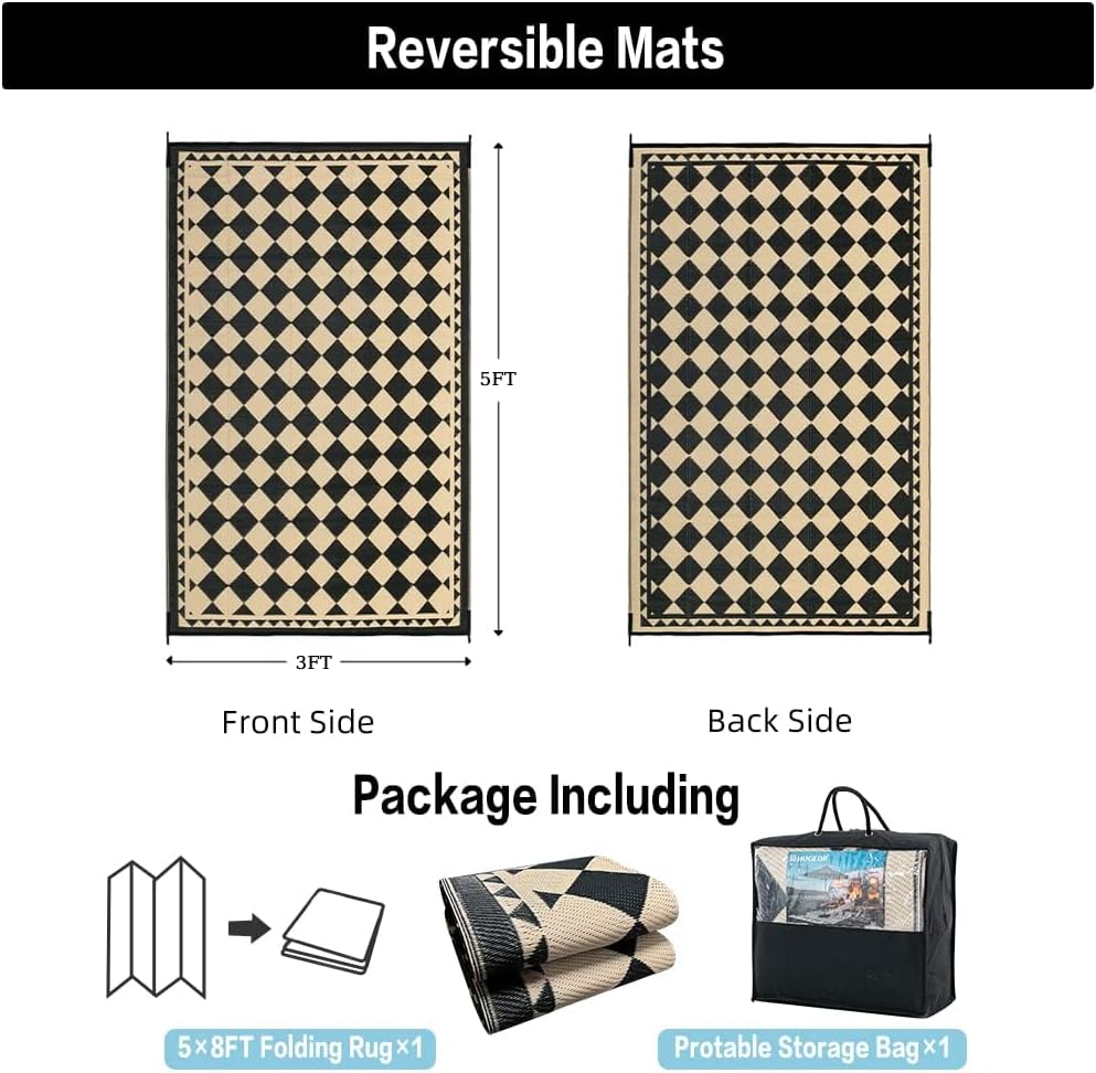 hugear 3'x5' outdoor rug for patios clearance,waterproof mat,large outside carpet,reversible plastic straw camping rugs,rv,porch,deck,camper,balcony,backyard checkered/black&beige 3' x 5' (rectangular)
