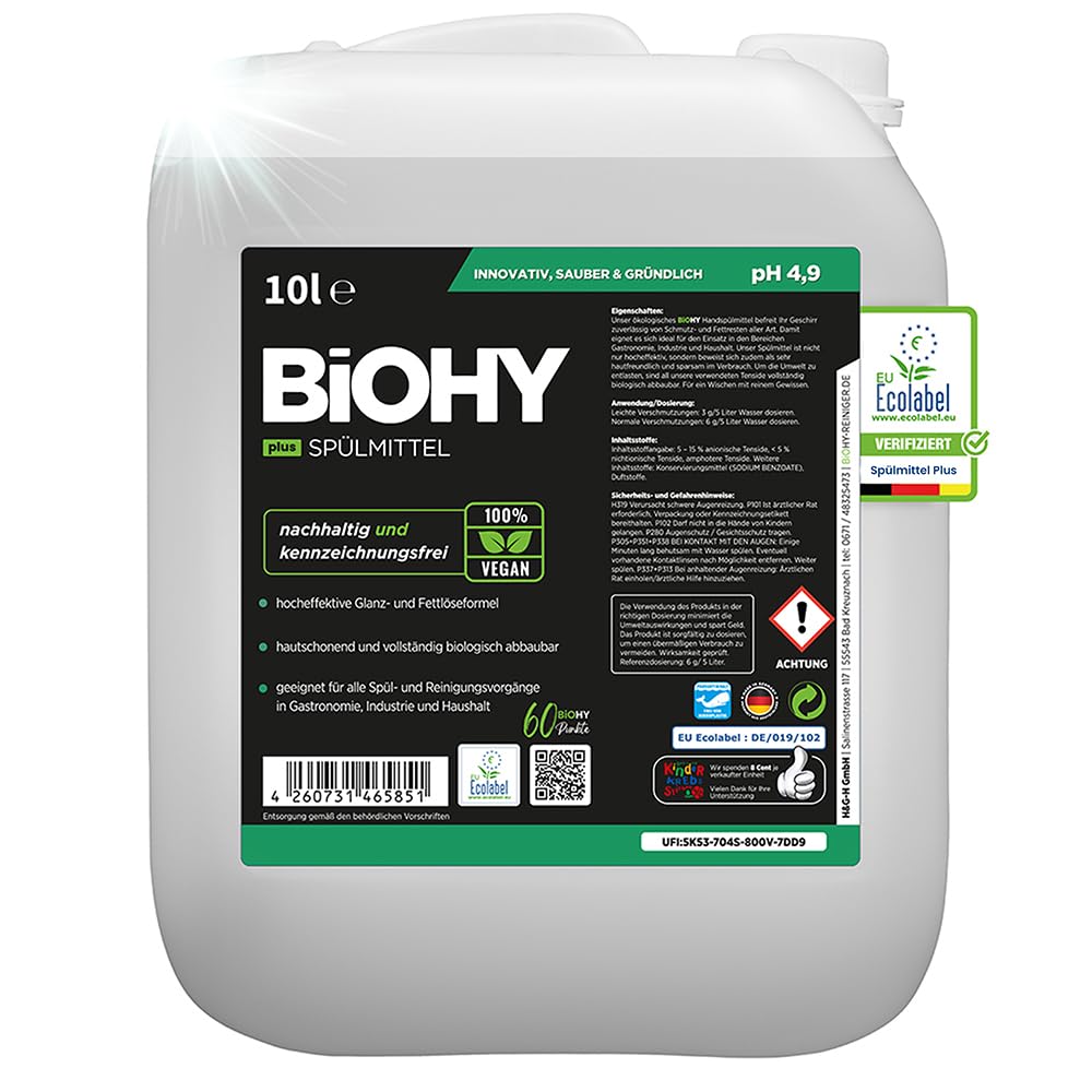 BiOHY Płyn do mycia naczyń Plus (kanister 10 litrów) | ekologiczny koncentrat do naczyń z EU Ecolabel | bardzo mocny rozpuszczalnik do tłuszczu | idealny do dozownika płynu do mycia naczyń | przyjazny
