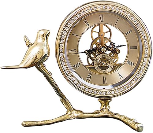 Reloj de mesa redondo con 1 pájaro, reloj de mesa familiar vintage sin tictac, reloj de mesa a pilas, relojes de estante de metal con diamantes de