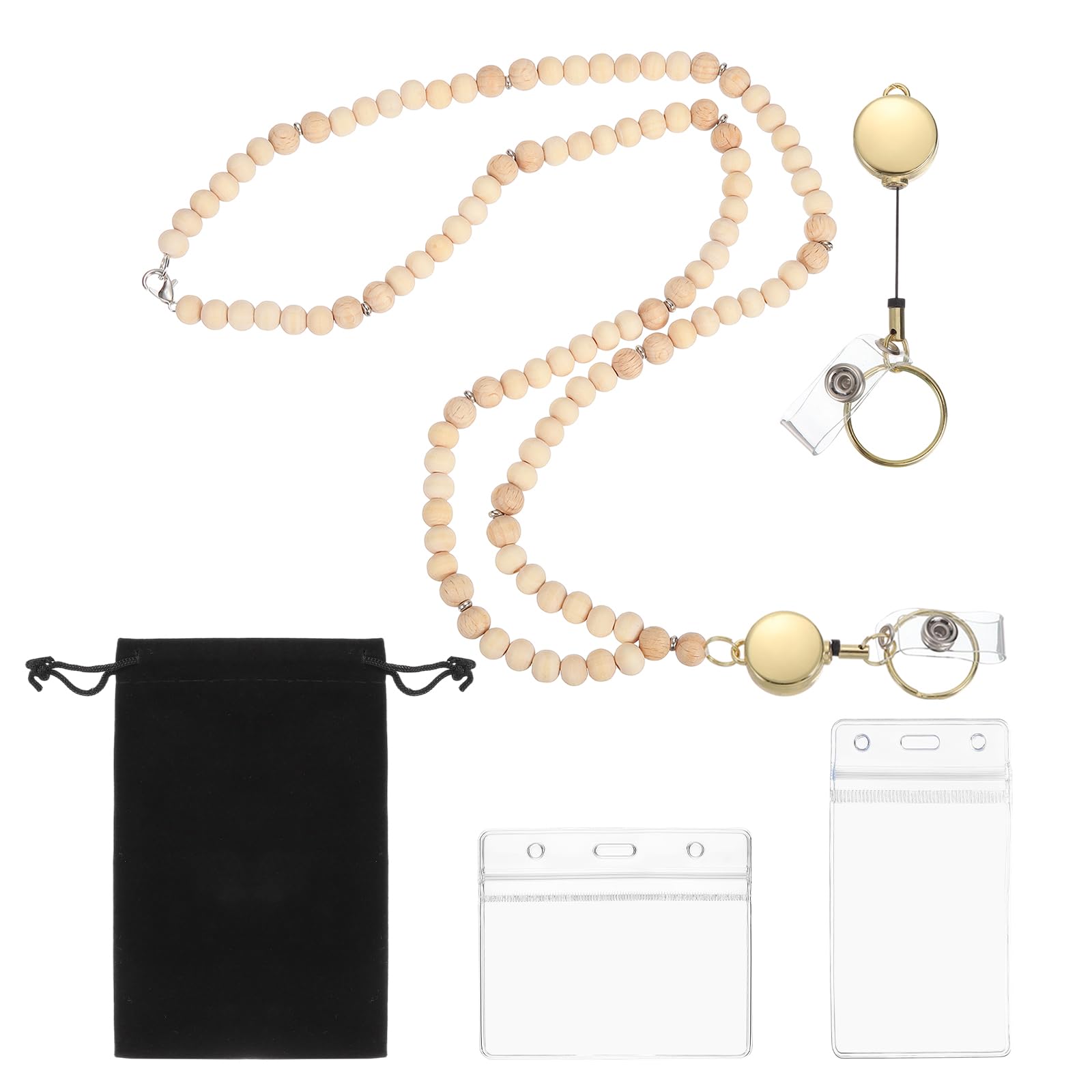 PATIKIL Retractable Wood Beaded Lanyards for ID Badge Holder, Beads Keychain Lanyard with Vertical & Horizontal Badge Holders for Women Teacher Gift Keys Chain Cards, Gold