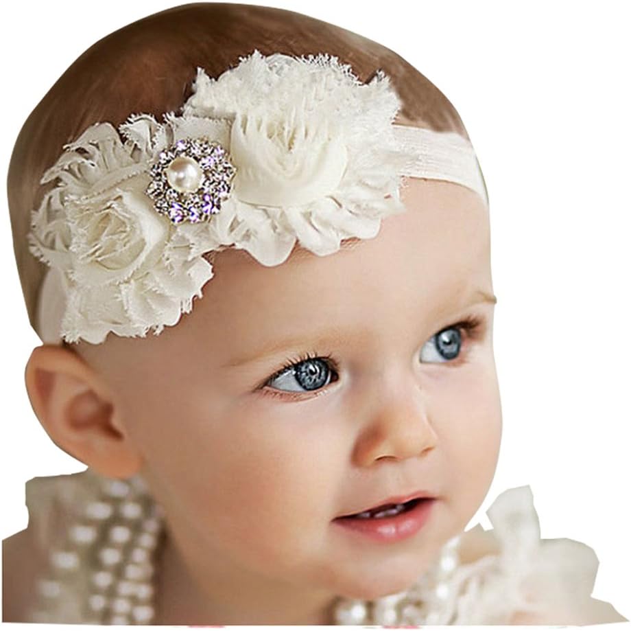 Sing Love Baby Girl Elastic Headbands/hair Ornaments with Flowers (one size, White)