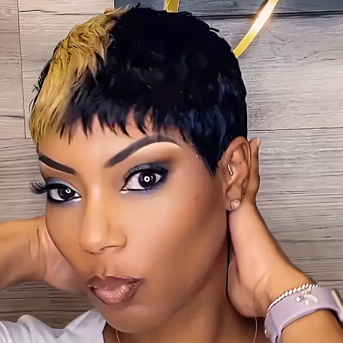 1B/30 Two-Tone Short Pixie Cut Wig for Women - Human Hair with Bangs, Glueless None Lace Front, Layered & Colored Machine Made, 150% Density for Quick Hairstyle Change