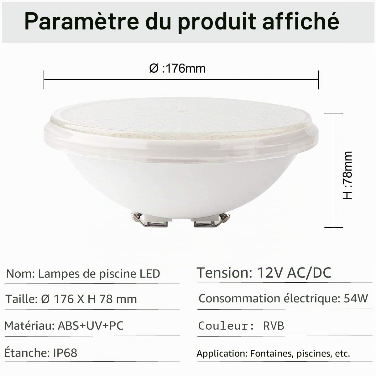 Lampes de piscine LED PAR56 - Éclairage sous-marin RGBW - Étanche IP68 - Plat - 54 W 12 V AC/DC - Intensité variable avec télécommande - Éclairage de piscine plat
