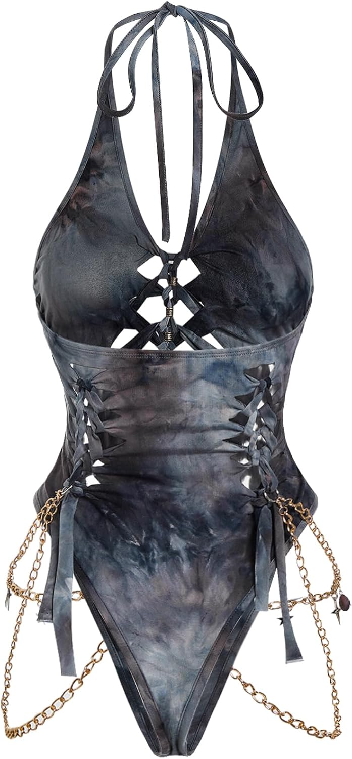 Floerns Women's Gothic Cut Out Lace Up Bodysuit Going Out Halter Neck Rave Body Suits - Image 2