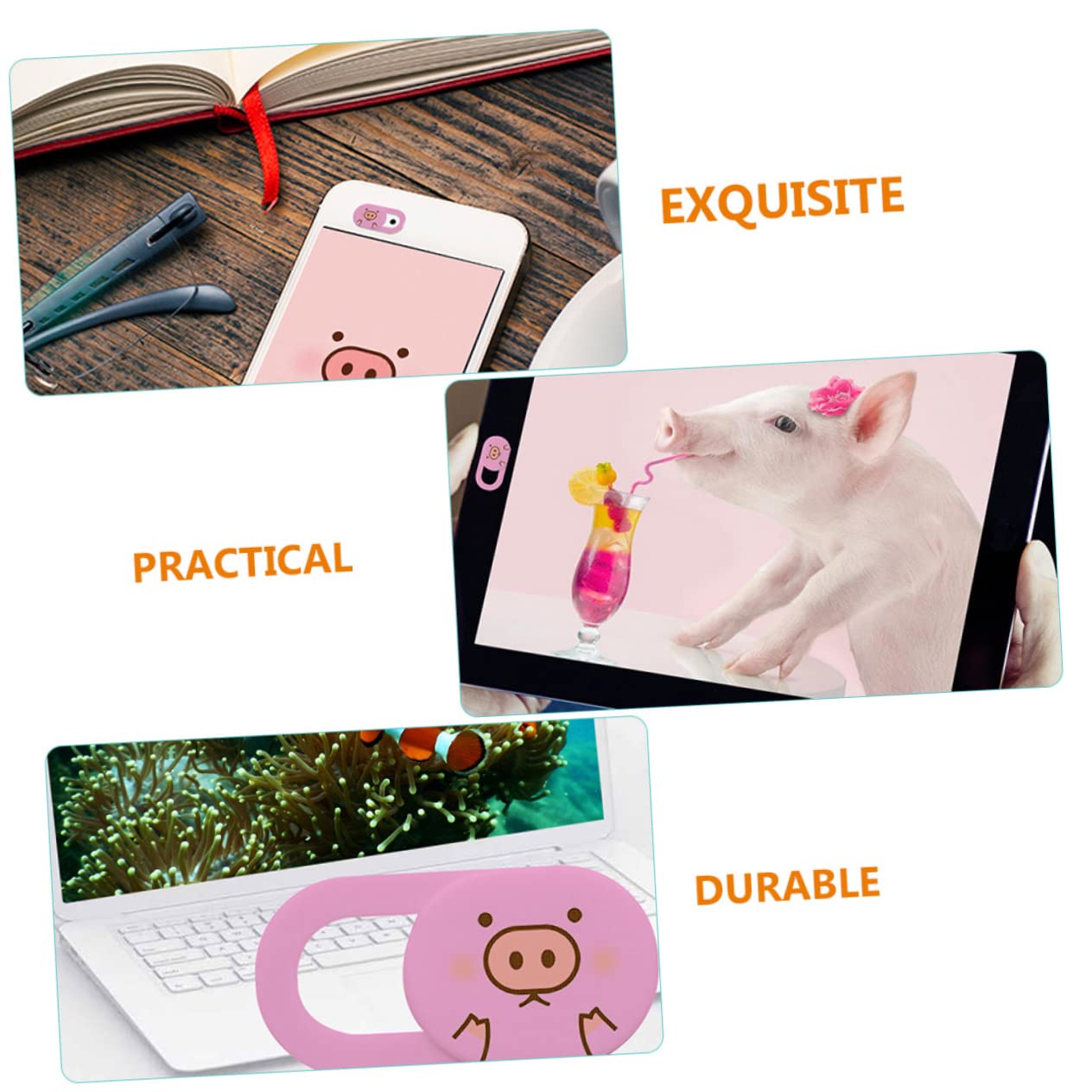 Cubierta Protectora Deslizante para Cámara Web Abs Rosa 3 Piezas | Portátil y Tableta, Apertura y Cierre por Deslizamiento, Diseño Patrón de Cerdo